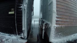 Waves Crashing Between Two Houses on Marblehead Harbor Blizzard 2015