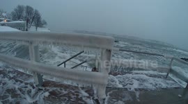 Icy Railing Pounded by Surf During Blizzard of 2015