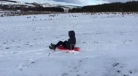 Sledging down Great Mell Fell in Cumbria, UK