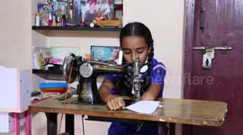 Ten-year-old girl with one hand stitches COVID-19 face masks for exam students