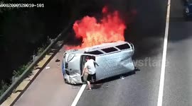 Chinese motorist rescues passengers trapped in burning minibus by kicking open windscreen