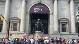 Young Republicans rally to save the statue of Theodore Roosevelt outside of the American Museum of Natural History in New York City