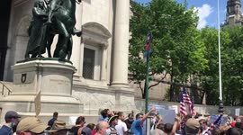Young Republicans rally to save the statue of Theodore Roosevelt outside of the American Museum of Natural History in New York City