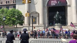Young Republicans rally to save the statue of Theodore Roosevelt outside of the American Museum of Natural History in New York City