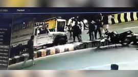 Auto rickshaw negligently speeds on wrong side of flyover, collides head-on with mini-truck in western India