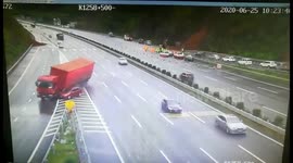 Truck almost topples over after car swerves across lanes on Chinese highway