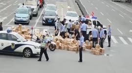 Boxes of Chinese liquor scatter across road after truck's trailer door opens
