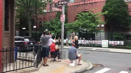 Cheering neighbors playing improvised instruments outside a nursing home in Brooklyn, New York, during COVID-19 pandemic. July 7, 2020 at 7:00 PM.
