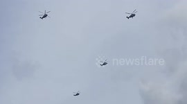 Helicopters prepare for the Russian Maritime Army Day in St Petersburg, Russia
