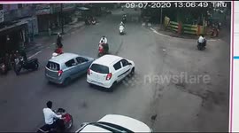 Miraculous escape for father and daughter after car runs head-on into them