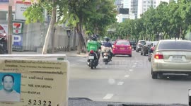 Pet dog travels on motorcycle seat on busy road in Bangkok