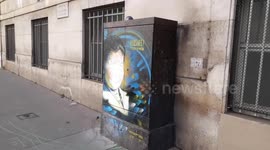 Vandalized tag of Simone Veil, symbol of abortion in France. (Street artist C215). Paris, Pantheon, rue d'ULM, 29july2020