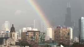 Double rainbow paints downtown Chicago skyline