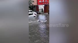 Woman swimming in floodwater narrowly avoids being hit by car in China