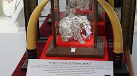 Replica of Raja The Royal Tusker exquisitely carved in sterling silver,  decorated and studded with 65 Blue Sapphires.