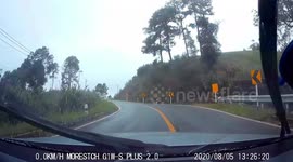 Motorcycle rider crashes and skids towards oncoming car while frantically trying to avoid being hit