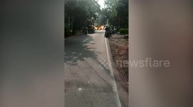 Motorcycle delivering LPG gas tanks bursts into flames in Indonesia