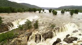Drone footage reveals flooding of waterfall in southern India