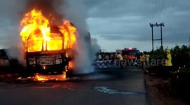 Truck container under fire due to rear tyre blast in Southern eastern India.