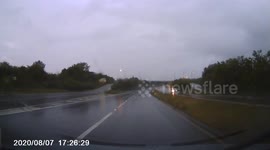 Dashcam footage of car aquaplaning ,spinning and crashing in bad storm with audio