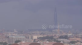 A plane takes off from Pulkovo airport after heavy rain has poured over St Petersburg after a few weeks of unusual for August hot weather, St Petersburg, Russia