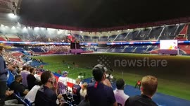Flag shaking, cheering (part of a series of videos about the UEFA Champions League final, watching the live broadcast at Parc des Princes, Paris, after having hitchhiked for 200 km, getting offered a ticket on match day)