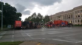 Charred garbage truck on street of Kenosha after riots