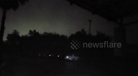 Power flashes, transforms blowing up, and extreme wind as the eyewall of Hurricane nears Sulphur, Louisiana.