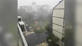 Heavy rain brought by Typhoon Maysak drenches children's playground in South Korea