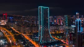 Hyperlapse Aerial Footage Of Skyscrapers In Istanbul At Night Time