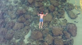 Scenic drone shot of Young Man snorkelling at Ponte da Piedade, Lagos, Portugal at Sunrise.