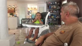 Toothless baby loves steak to chew and suck on it calms him down