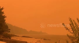 Apocalyptic smokey red skies in Waldport, Oregon from wildfires