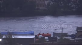 Big waves on the river Neva, bending trees and heavy rain brought storm to St Petersburg, Russia