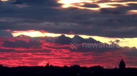 Beautiful sunset with pinky sky over St Petersburg, Russia