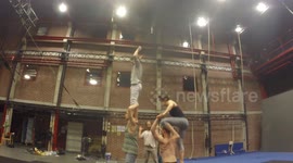Close Call As One Of The Performer Falls While Performing 4High Vertical Column Acrobat