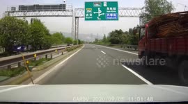 Rebar impales car hood after flying off transport truck on Chinese highway