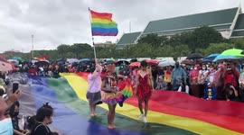 Thai protesters wave LGBT flag at anti-government rally during heavy rain