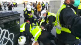 'You filthy f**king scum!' London anti-vaccine protesters hurl abuse at cops after man is knocked unconscious during violent clashes