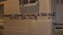 Feminist tag against french rapper Moha La Squale accused of mistreatments on several women. 20 sept 2020. Paris, rue de la maison Blanche