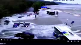 High tide waves sweep away vehicles on road after crashing over bank in China