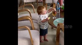 Funny moment adorable tries to drink beer but spills it