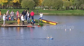 Boats modelling club shows their toys in the pond of Polustrovskiy Park in St Petersburg, Russia