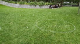 Social distancing circles are put up in Canary Wharf