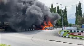 Car on fire after refueling oil in Palu, Indonesia