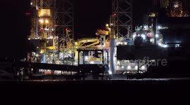 Huge jackup drilling platform towed out into the North Sea from Sheeerness, Kent, UK