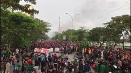 Protesters clash with police during demonstration to protest of Job Creation Law in Indonesia