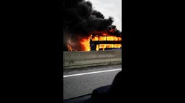 Investigations  underway after huge fire engulfs double-decker bus on UK motorway