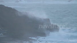 Storm waves batter the coast of Cornwall, UK
