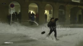 Spectators hit by huge waves in San Sebastian, Spain